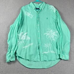 Ralph Lauren Button Down Shirt Men's Large Green Floral Print 100% Linen